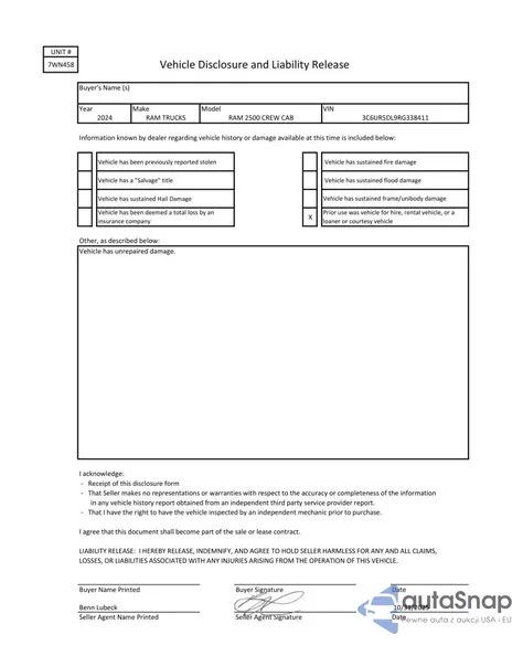 2024 Ram 2500 Big Horn z USA, uszkodzony, nr VIN 3C6UR5DL9RG338411
